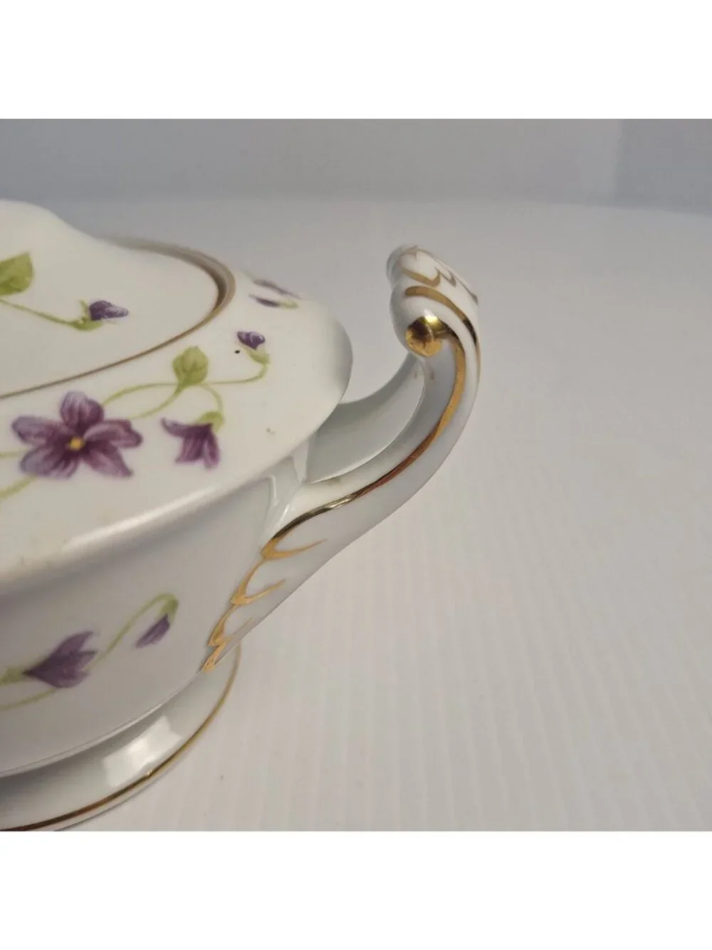 WENTWORTH CHINA JAPAN PURPLE FLORAL GOLD TRIM CREAM AND LIDDED SUGAR SET VIOLA